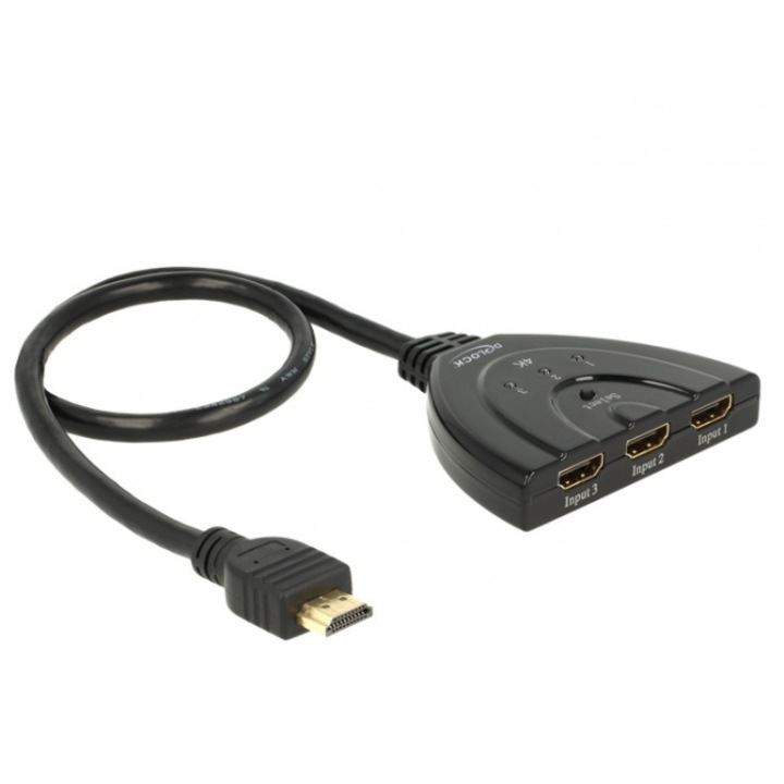 Switch Delock HDMI UHD 3 x HDMI intrare > 1 x HDMI iesire 4K cu cablu integrat 50 cm