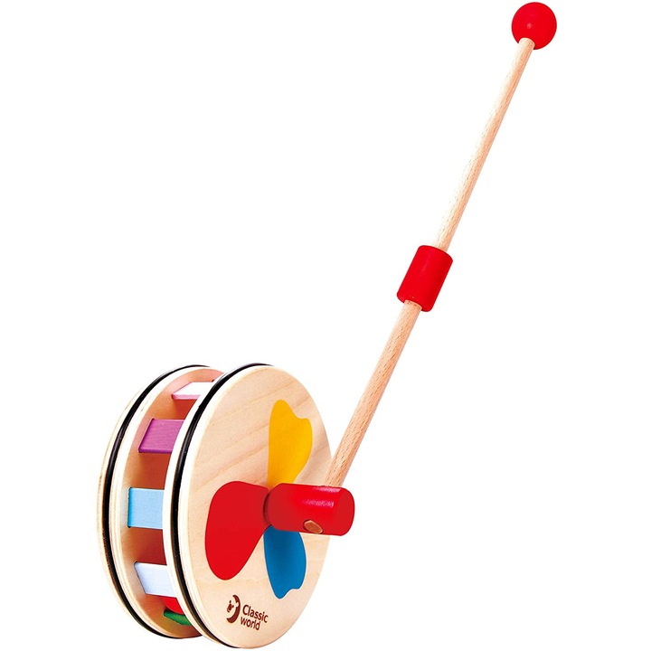 Classic World Rainbow tolójáték, minőségi fa, golyóval a belsejében, előre / hátra, 12 hónapos kortól, többszínű