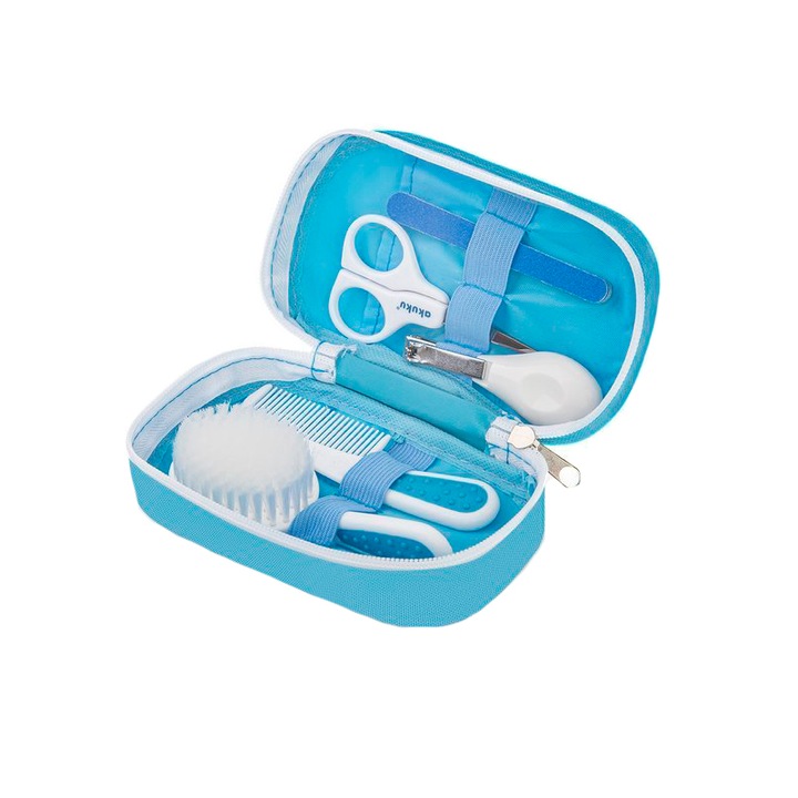 Kit de ingrijire pentru bebelusi Akuku Albastru, in gentuta cu fermoar, include forfecuta, unghiera, pila de unghii, pieptene, perie de par