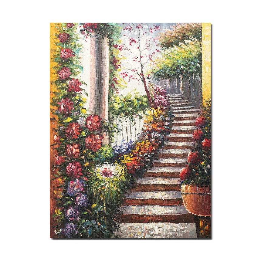 Tablou gigant pictat manual - Pasaj cu flori - 120x90cm pictura ulei pe panza