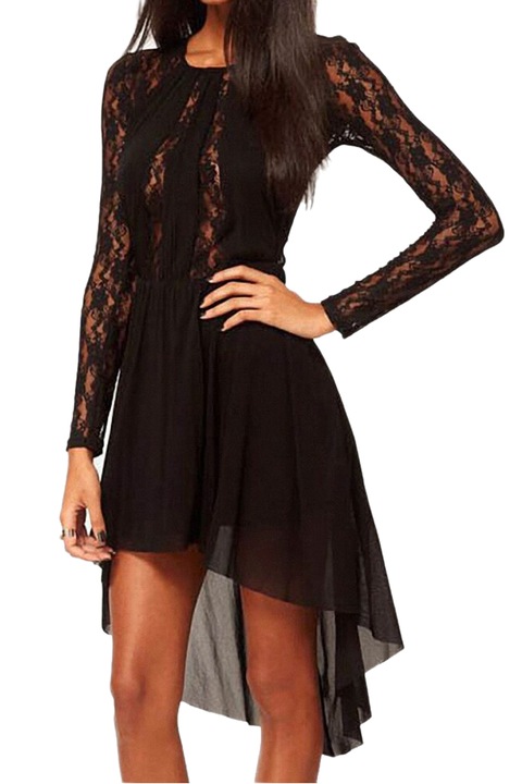 Рокля Eviza, Шифон и дантела, Дълъг ръкав, Черна