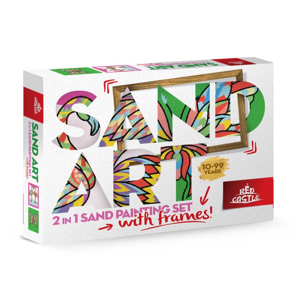 Set creativ, pictura cu nisip colorat, 2 planse 23,5 x 33 cm, Fluture, Flamingo, 2 rame, 30 tuburi nisip multicolor, 2 pensete, 2 folii protectie, pentru 10 – 99 ani