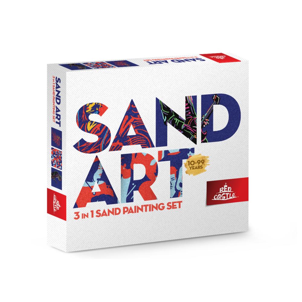 Set creativ, pictura cu nisip colorat, 3 planse 22 x 23 cm, Balerina, Chitarist, Oameni, 22 tuburi nisip multicolor, 1 penseta, 3 folii protectie, pentru 10 – 99 ani
