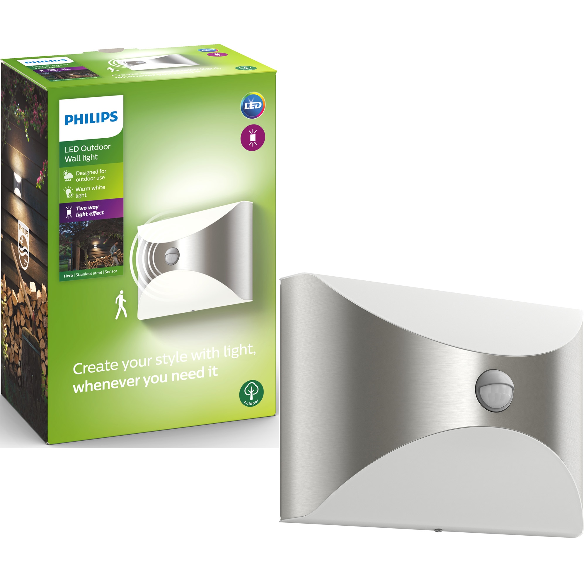 Aplica exterior cu senzor Philips Herb 1x6W Led, inox, clasa energetica F