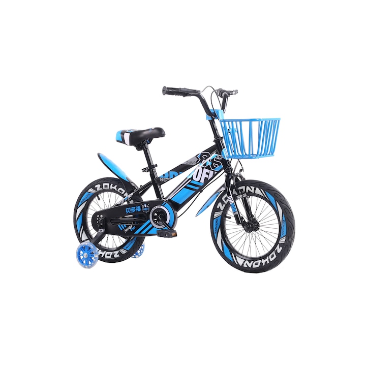 Bicicleta 14" Go Kart Zoko, cu pedale pentru copii cu varsta intre 3-5 ani,cosulet,roti ajutatoare silicon, negru cu albastru