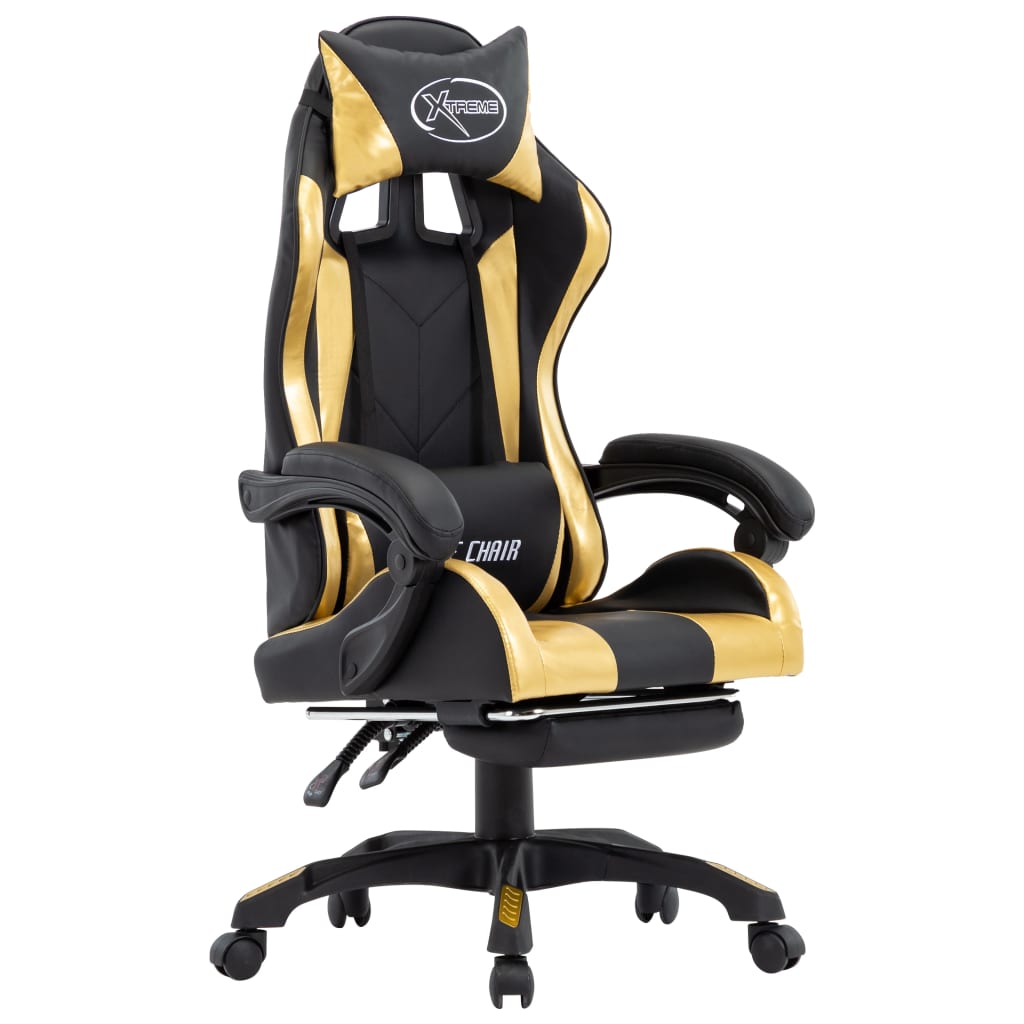 Scaun de gaming cu suport picioare, vidaXL, Piele ecologica, 64 x 65 x (111,5-119) cm, Negru/Auriu