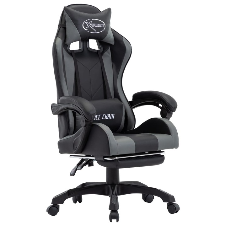 Scaun de gaming cu suport picioare, vidaXL, Piele ecologica, 64 x 65 x (111,5-119) cm, Gri/Negru 287990