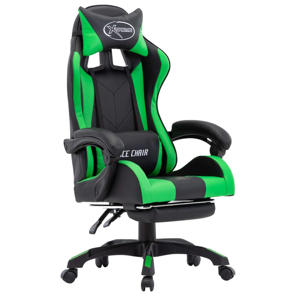 Scaun de gaming cu suport picioare, vidaXL, Piele ecologica, 64 x 65 x (111,5-119) cm, Negru/Verde