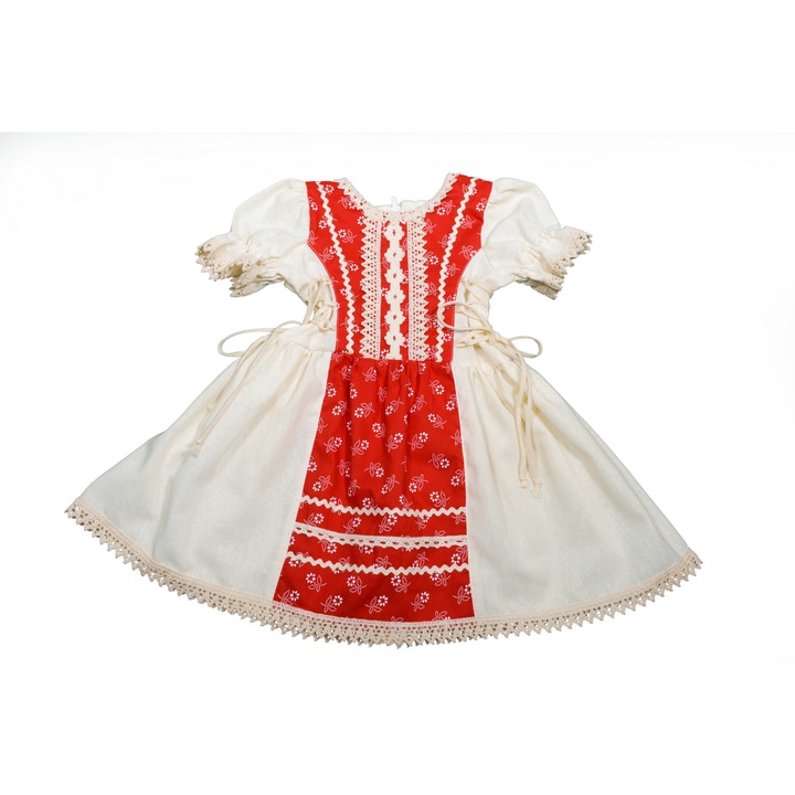 Рустикална рокля за момиче Магдалена кремаво/червено с маргаритки