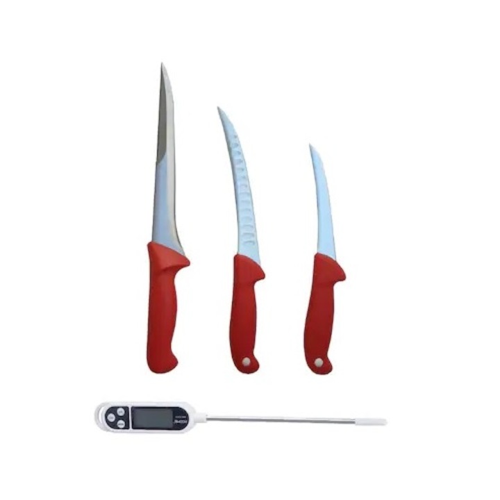 Pachet macelarie format din 3 cutite BRT-4 profesionale pentru injunghiat, dezosat, filetat si termometru digital de bucatarie