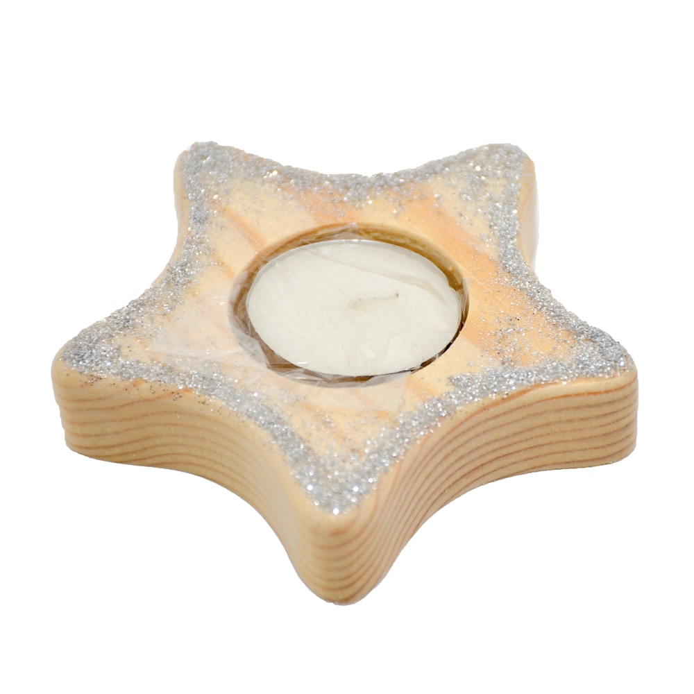 Suport lumanare din lemn lacuit, in forma de stea, in cutie de carton