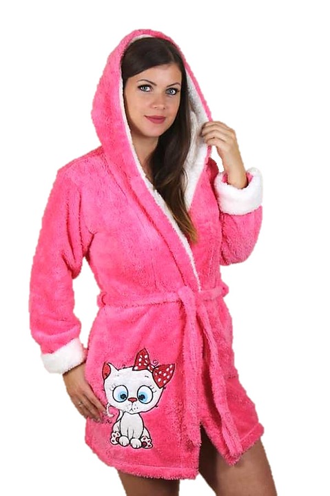 Halat dama pufos si moale, Poliester, Rozdaf, Alb/Roz