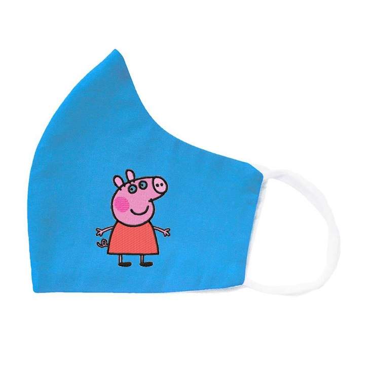 Комплект от 3 защитни маски за деца, персонализирани с бродерия на Peppa Pig, 100% памук, за многократна употреба, 2 слоя, Magic Mirror Fashion®, синя