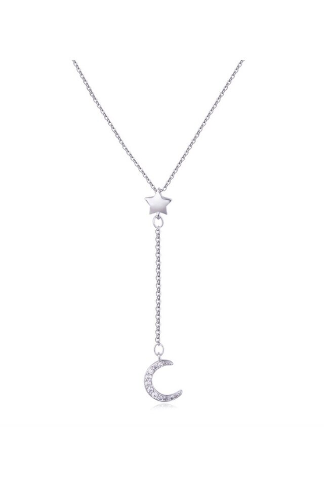 Lant din argint 925 Falling Star cu pandantiv in forma de stea si luna, 40 cm, ideal cadou, aniversare, sarbatori