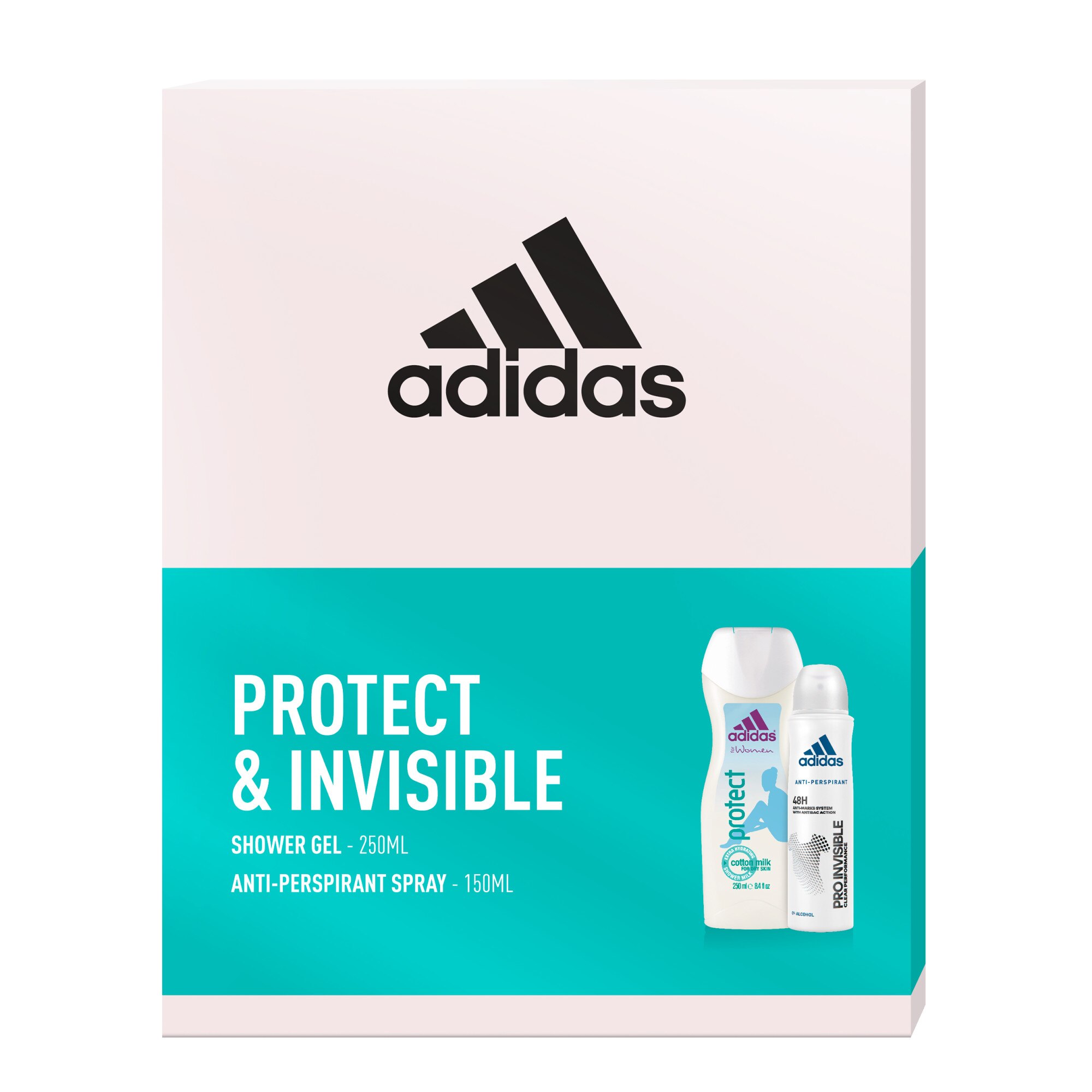 Set Adidas, femei : Deodorant spray Pro Invisible, 150 ml + Gel de dus Protect, 250 ml