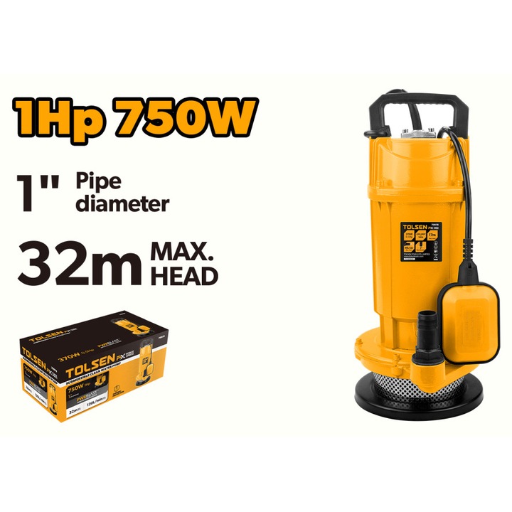 Pompa submersibila TOLSEN 750W 1HP pentru apa curata, cu plutitor, Hmax 32m, debit 1.5m³/h, motor cu fir de cupru, protectie termica, cablu alimentare 8m, racord 1", 220-240V, 50Hz