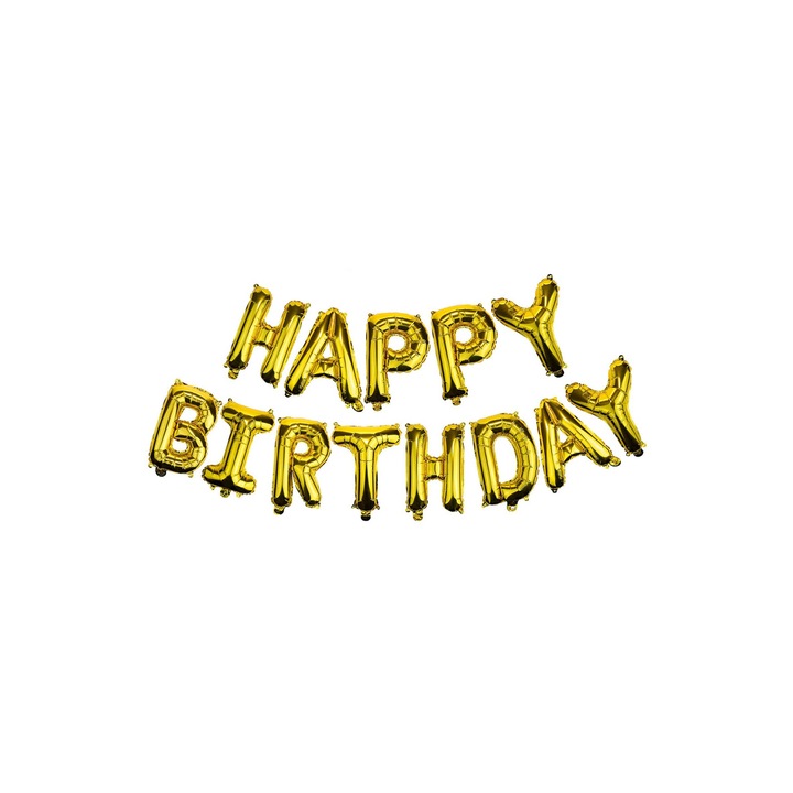 Комплект златни балони Happy Birthday, изработени от алуминиево фолио, панделка, размер на буквите 40 см, дути