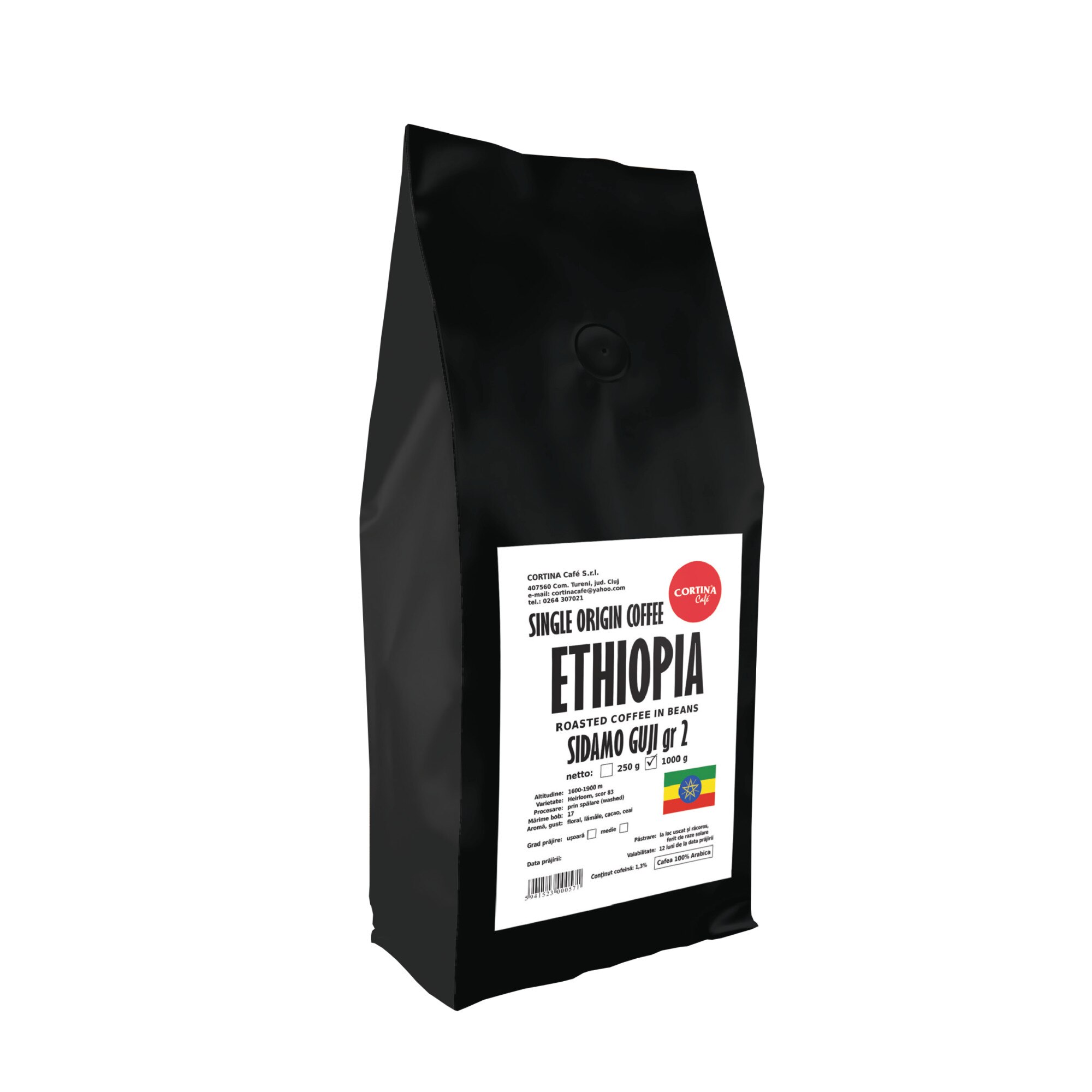 Cafea boabe 100 % Arabica, Cortina Cafe, single origin Ethiopia Sidamo Guji, 1 Kg