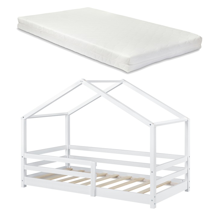 Pat copii Knatten NH90, en.casa, 205 x 97 x 136 cm, brad, alb, cu saltea si grilaj protectie