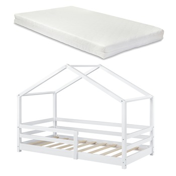 Pat copii Knatten NH90, en.casa, 205 x 97 x 136 cm, brad, alb, cu saltea si grilaj protectie Pat copii Knatten NH90, en.casa, 205 x 97 x 136 cm, brad, alb, cu saltea si grilaj protectie