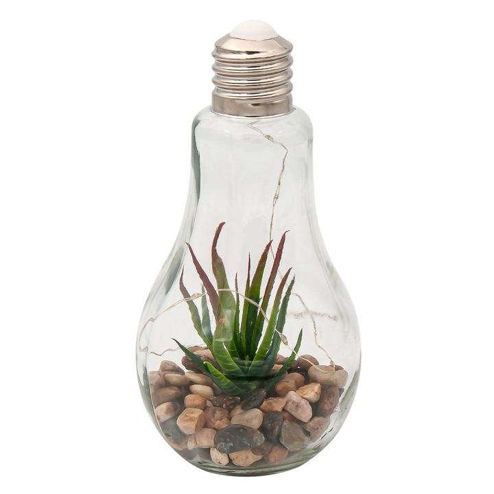 Bec decorativ, cu pietricele si planta artificiala, incluse luminite, 22 cm