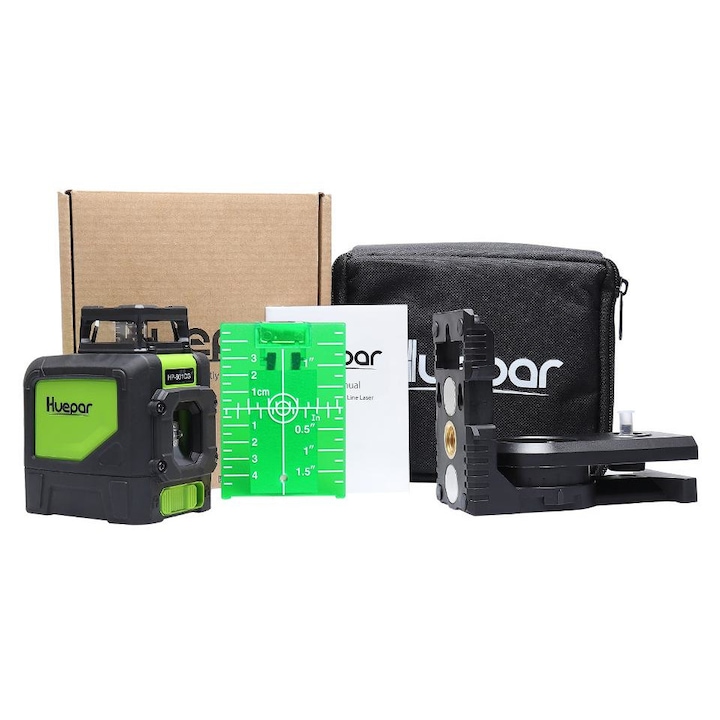 Nivela laser Huepar 901CG cu 2 linii, fascicul verde, Cross Line 360, linii rotative verticale si orizontale, cu doua moduri puls
