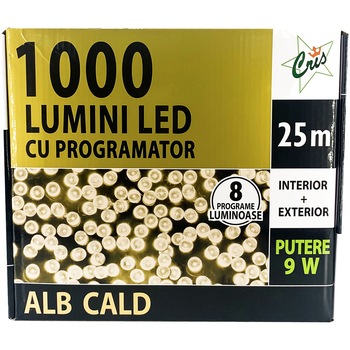 Instalatie de Craciun Cris, 1000LED-uri, 25m, liniara, cu transformator, interior/exterior, alb cald Instalatie de Craciun Cris, 1000LED-uri, 25m, liniara, cu transformator, interior/exterior, alb cald