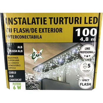 Instalatie de Craciun Cris, 100LED-uri, 4.8m, tip turturi, Interconectabila, flash, cablu rubber, exterior, alb Instalatie de Craciun Cris, 100LED-uri, 4.8m, tip turturi, Interconectabila, flash, cablu rubber, exterior, alb
