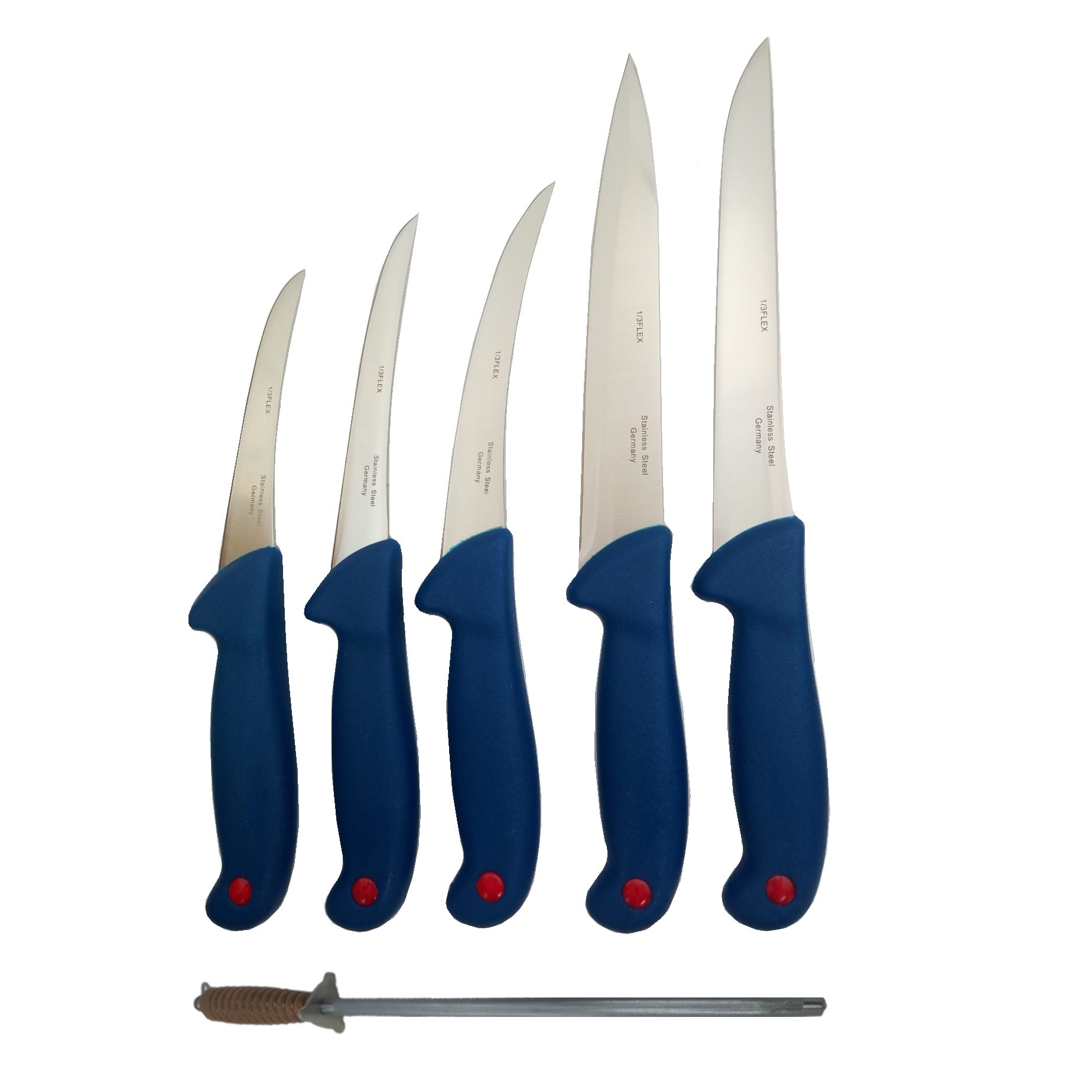 Set Prefesional pentru macelarie, 5 cutite diferite dimensiuni, otel inoxidabil si masat 30 cm