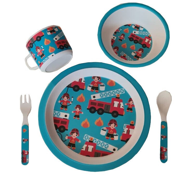 Set 5 piese Hranire Bebelusi, din Bambus, pentru copii, Multicolor, + 6 luni Echipa Pompieri