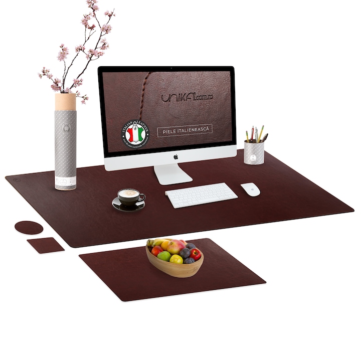 Unika íróasztal borító szett PU bőrből: 1 db tányértartó és 2 db pohártartó, barna, 89 cm