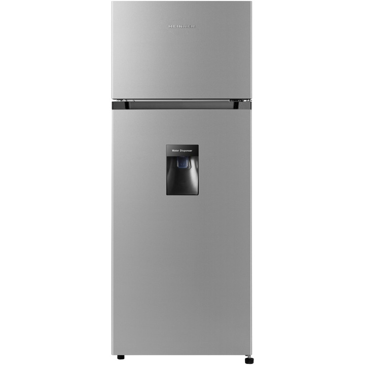Хладилник с 2 врати Heinner HF-205SWDF+, 205 л, Клас F, Диспенсър за вода, LED осветление, H 143.4 см, Сребрист