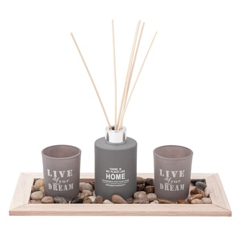 Suport lumanari si betisoare parfumate,alb cu gri, format din 3 paharele de sticla,mesaj motivational,31 cm Suport lumanari si betisoare parfumate,alb cu gri, format din 3 paharele de sticla,mesaj motivational,31 cm