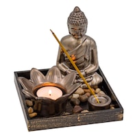 Suport lumanari si betisoare parfumate, gri,cu model buda, pietricele si tava inclusa,15x15 cm