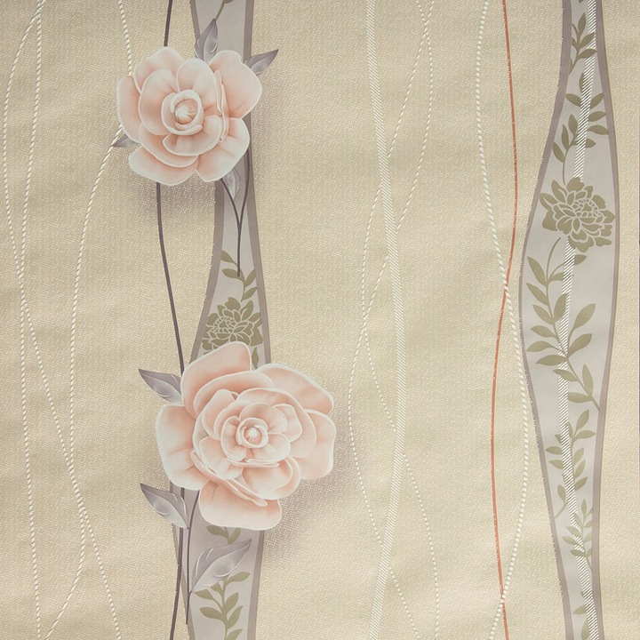 Tapet floral cu model trandafir roz pe fundal crem si dungi 33713 marime 0.53cm x 10m