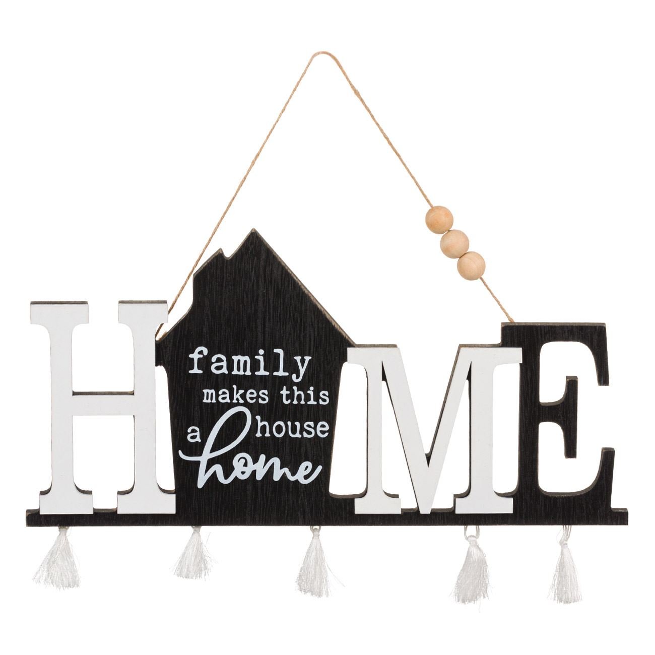 Ornament decorativ de lemn cu model acasa, alb cu negru,40 cm