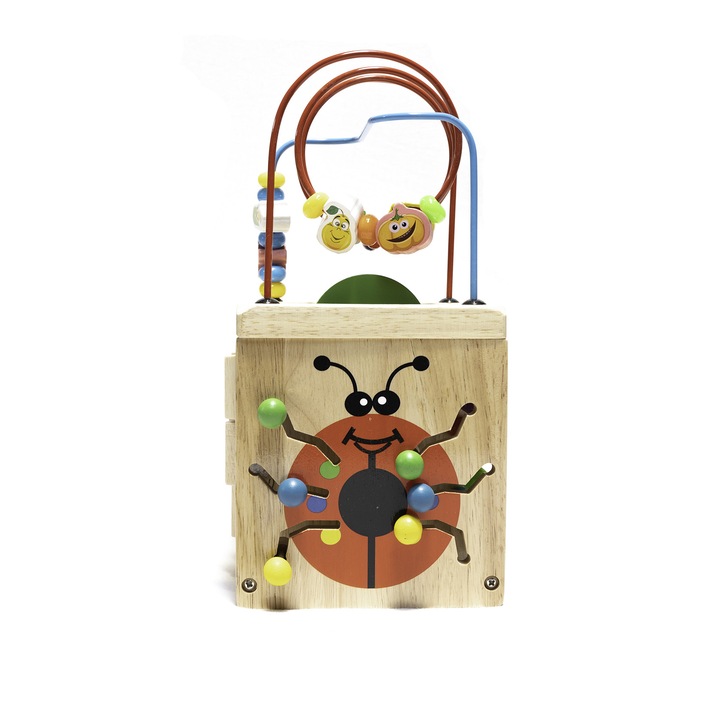 Cub educativ Montessori din lemn 6 in 1 gargarita vesela , activitati diverse , abac , ceas , labirint , alfabet , Picodino®