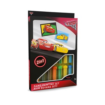 Set creativ pictura cu nisip colorat, Cars - Fulger McQueen & Cruz Ramirez, Disney, 2 planse 16,5 x 23,5 cm, 15 tuburi nisip multicolor, 1 penseta, 2 folii protectie, + 3 ani Set creativ pictura cu nisip colorat, Cars - Fulger McQueen & Cruz Ramirez, Disney, 2 planse 16,5 x 23,5 cm, 15 tuburi nisip multicolor, 1 penseta, 2 folii protectie, + 3 ani