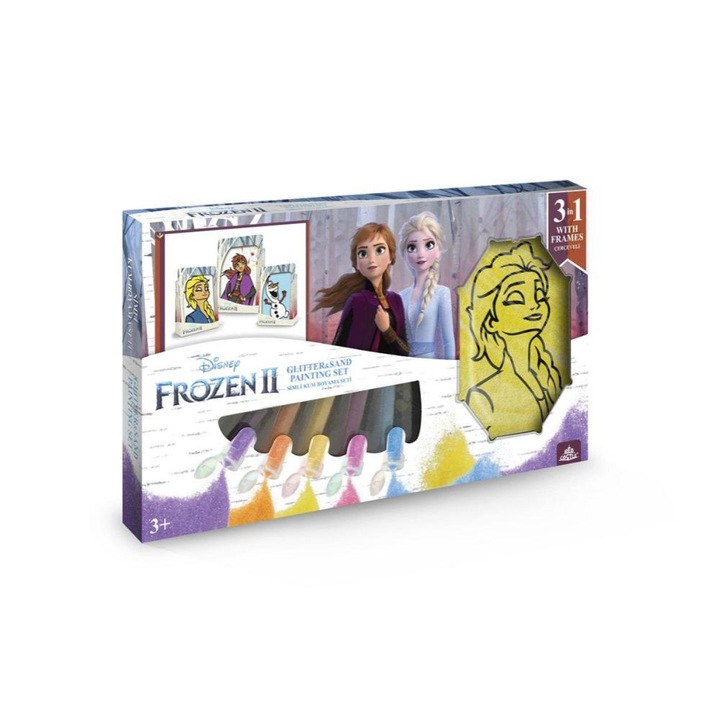 Set creativ pictura cu nisip colorat, Frozen II – Elsa & Anna & Olaf II, Disney, 1 plansa 14,8 x 21 cm, 2 planse 10,5 x 14,8 cm, 3 rame carton, 16 tuburi nisip multicolor, 1 penseta, 3 folii protectie, + 3 ani