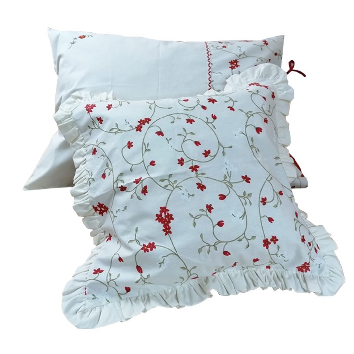 Set 4 huse de perna brodate Ilinca, crem/rosu, bumbac ranforce 100%, 2 x husa perna 50x70 cm, 2 x husa perne decorative 50 x 50