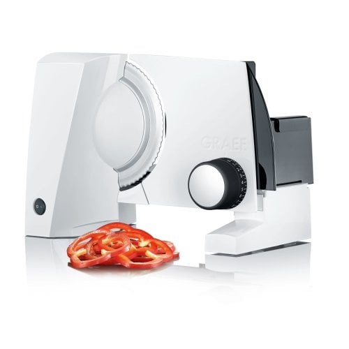 Feliator profesional alimente Graef, SlicedKitchen S10001, cu placa de acoperire a lamei pentru feliere perfecta, design compact, multifunctional, alb