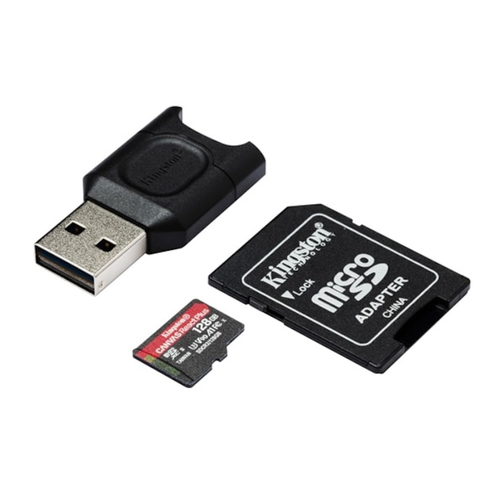 Kingston Canvas React Plus 128GB MicroSDXC Class 10 UHS-II U3 memóriakártya+ MLPM kártyaolvasó