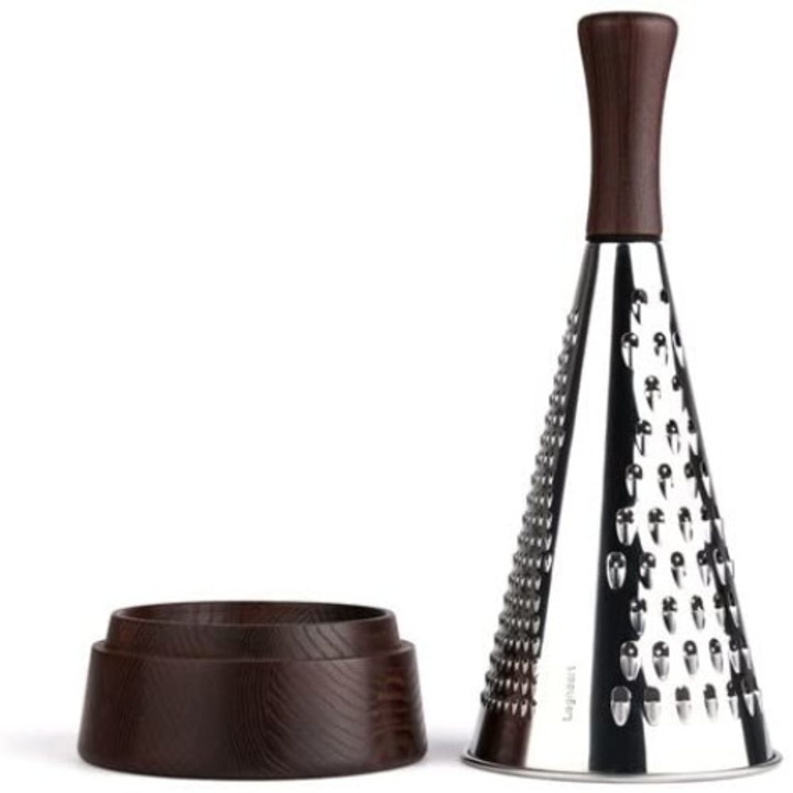 Razatoare manuala Legnoart, Conico Large, 3 tipuri de lame, maner detasabil din lemn de frasin de inalta calitate, bol de colectare, artizanala, inox/maro