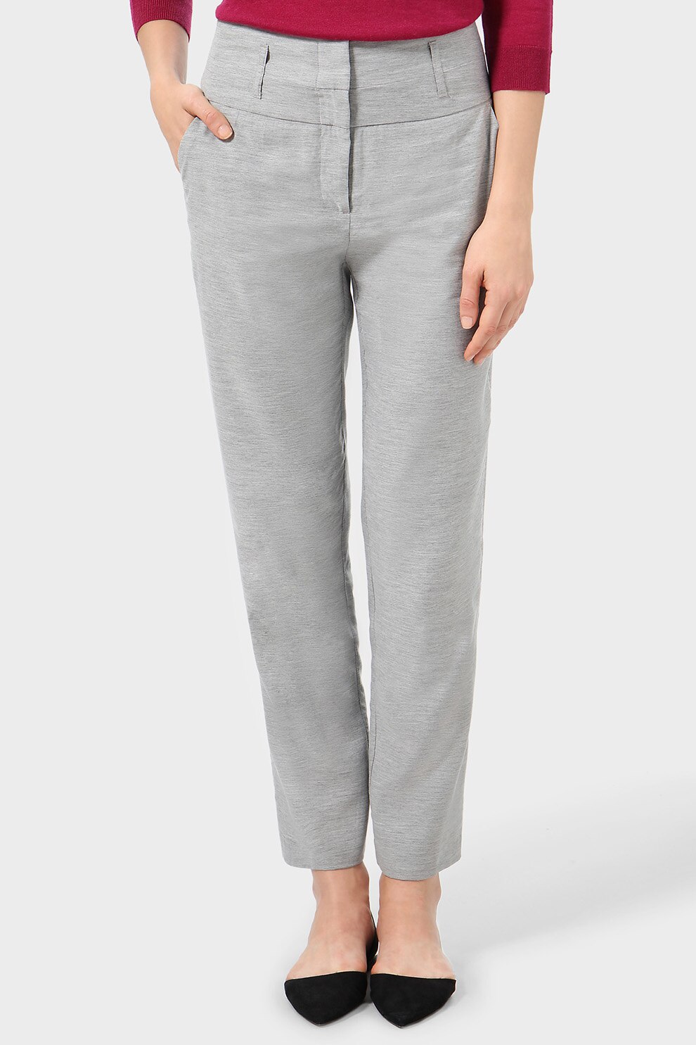 Stefanel, Pantaloni cu croiala conica, Gri deschis melange, S-M