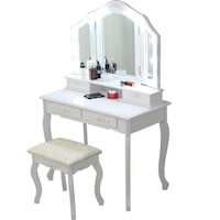 Masa de Toaleta ANASTASIA - 4 Sertare, 3 Oglinzi, Iluminare Led, Scaun inclus, Alb