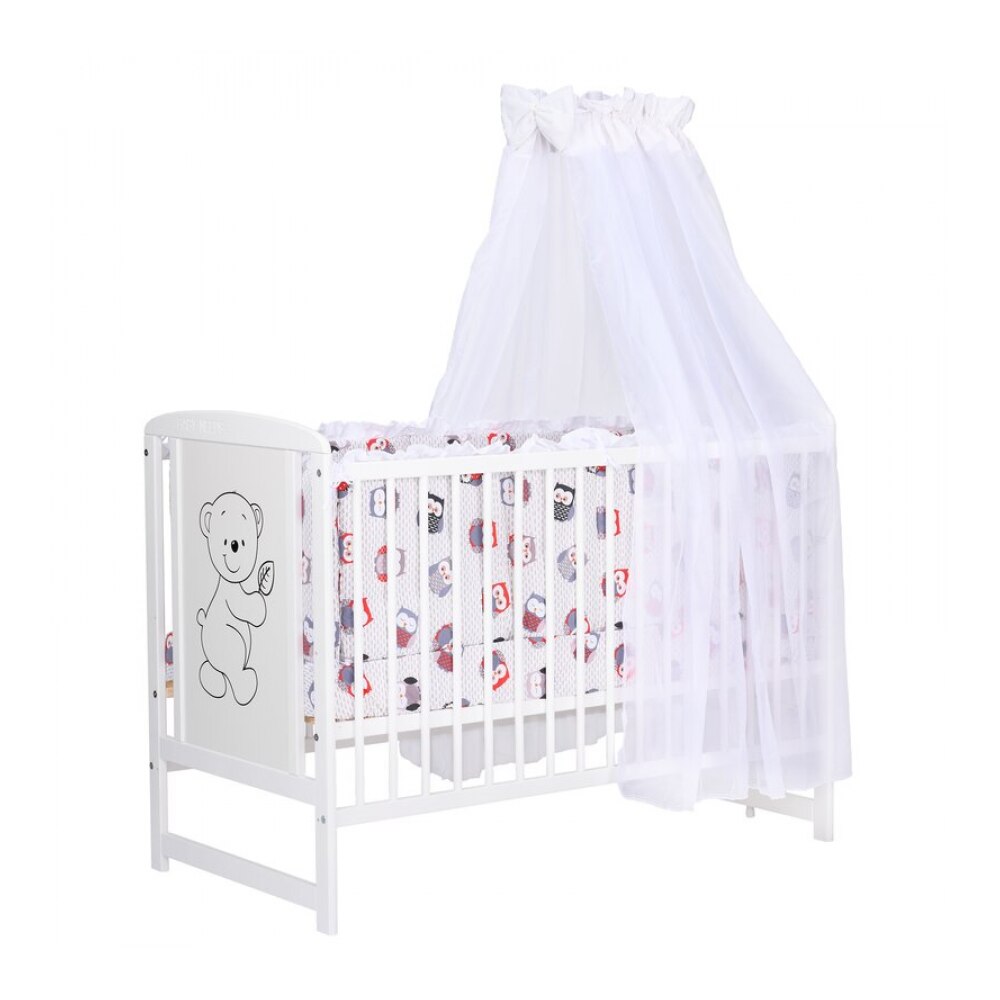 BabyNeeds - Lenjerie patut 6 piese 120x60 cm cu volanas, Bufnite, Gri-Rosu