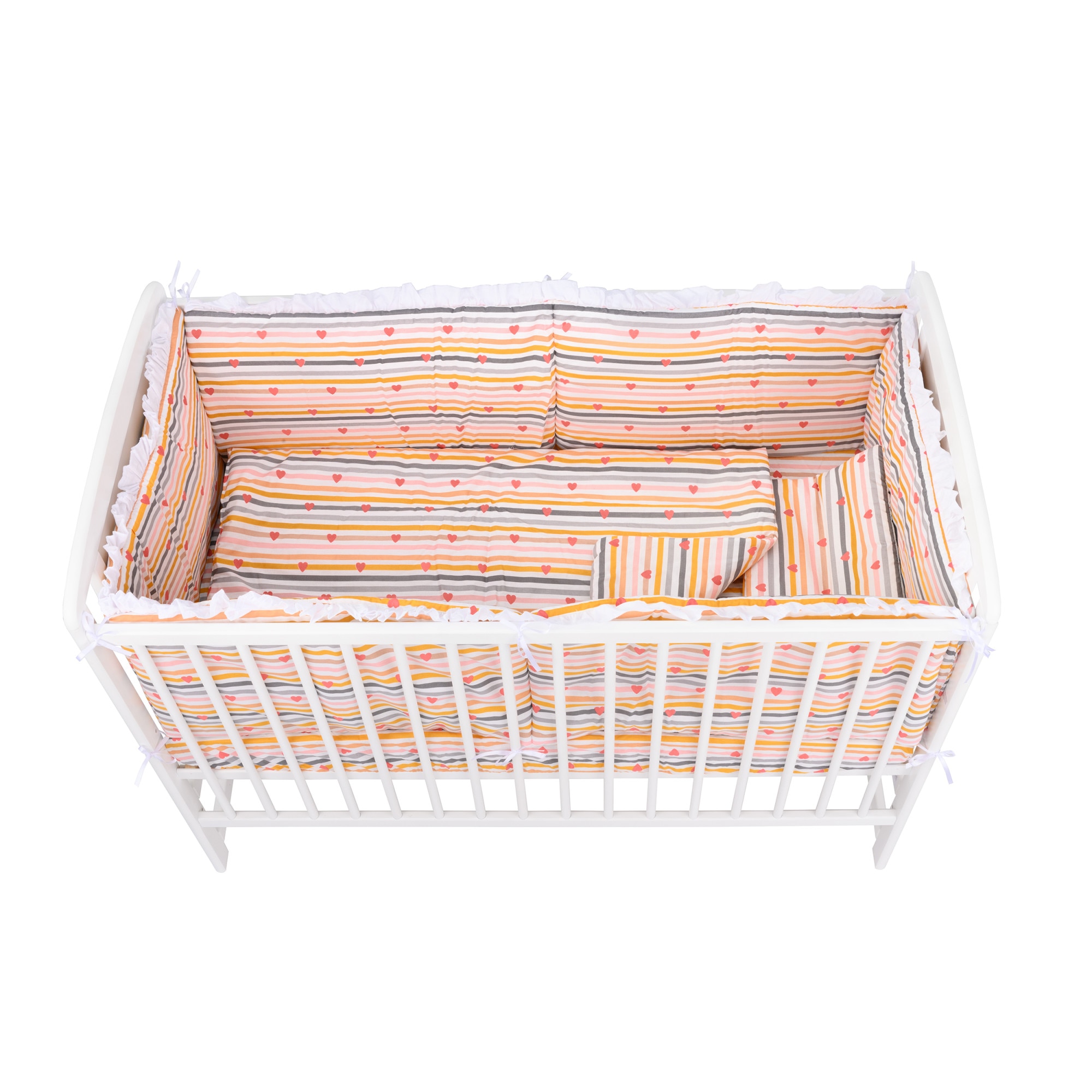 Lenjerie patut 5 piese 120x60 cm cu volanas, BabyNeeds, Inimioare, Dungi multicolore