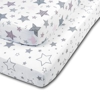 Set 2 cearceafuri 120x60 cm din bumbac cu elastic roata pentru patut Kidizi Galaxy Grey Pink Stars