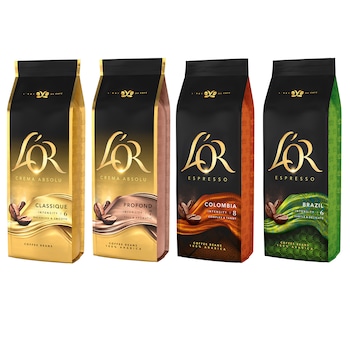 Pachet cafea boabe L'OR Crema Absolut Classique, Crema Absolu Profond, Espresso Colombia, Espresso Brazil, 4x500g Pachet cafea boabe L'OR Crema Absolut Classique, Crema Absolu Profond, Espresso Colombia, Espresso Brazil, 4x500g