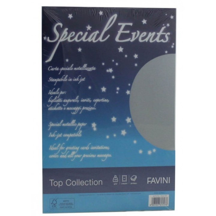 Hartie Cartonata Metalizata A4 FAVINI Special Events, 20 File/Top, 120 g/m, Argintie